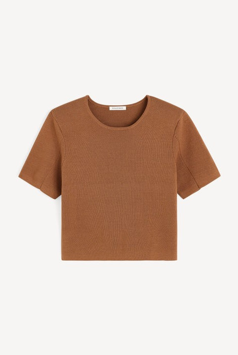Brown ribbed t-shirt on a white background