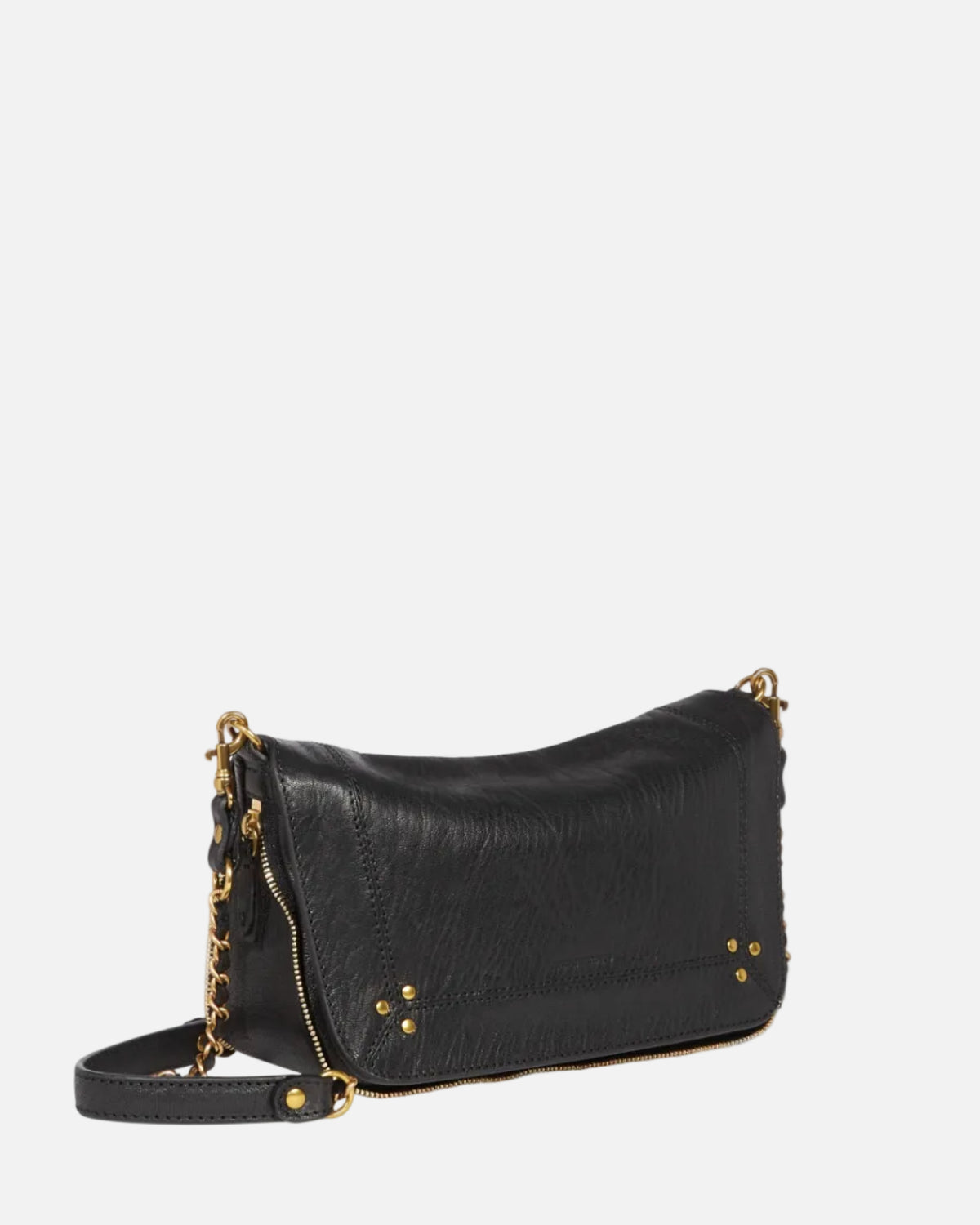 Black handbag with gold accents on a white background