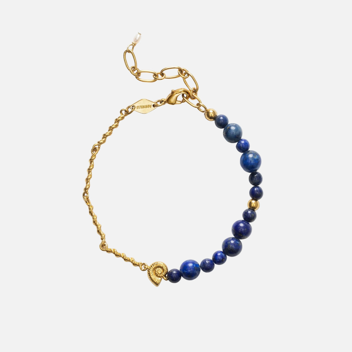 Gold bracelet with blue beads on a white background