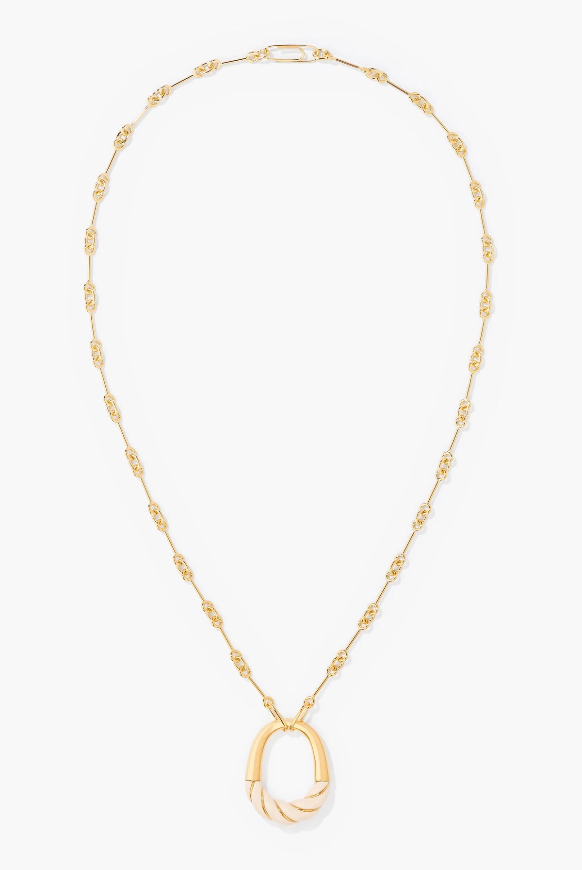 Gold necklace with a unique pendant on a white background