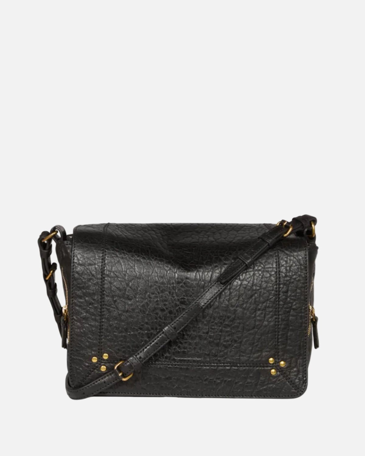 Black leather handbag with gold hardware on a white background