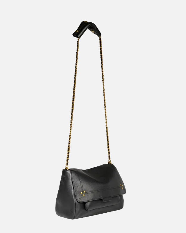 Black handbag with a chain strap on a white background