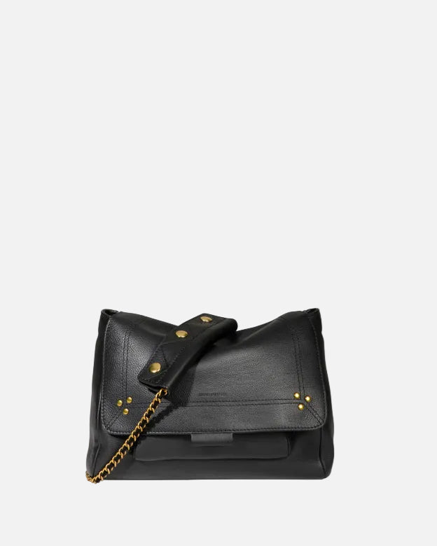 Black handbag with gold chain on a white background
