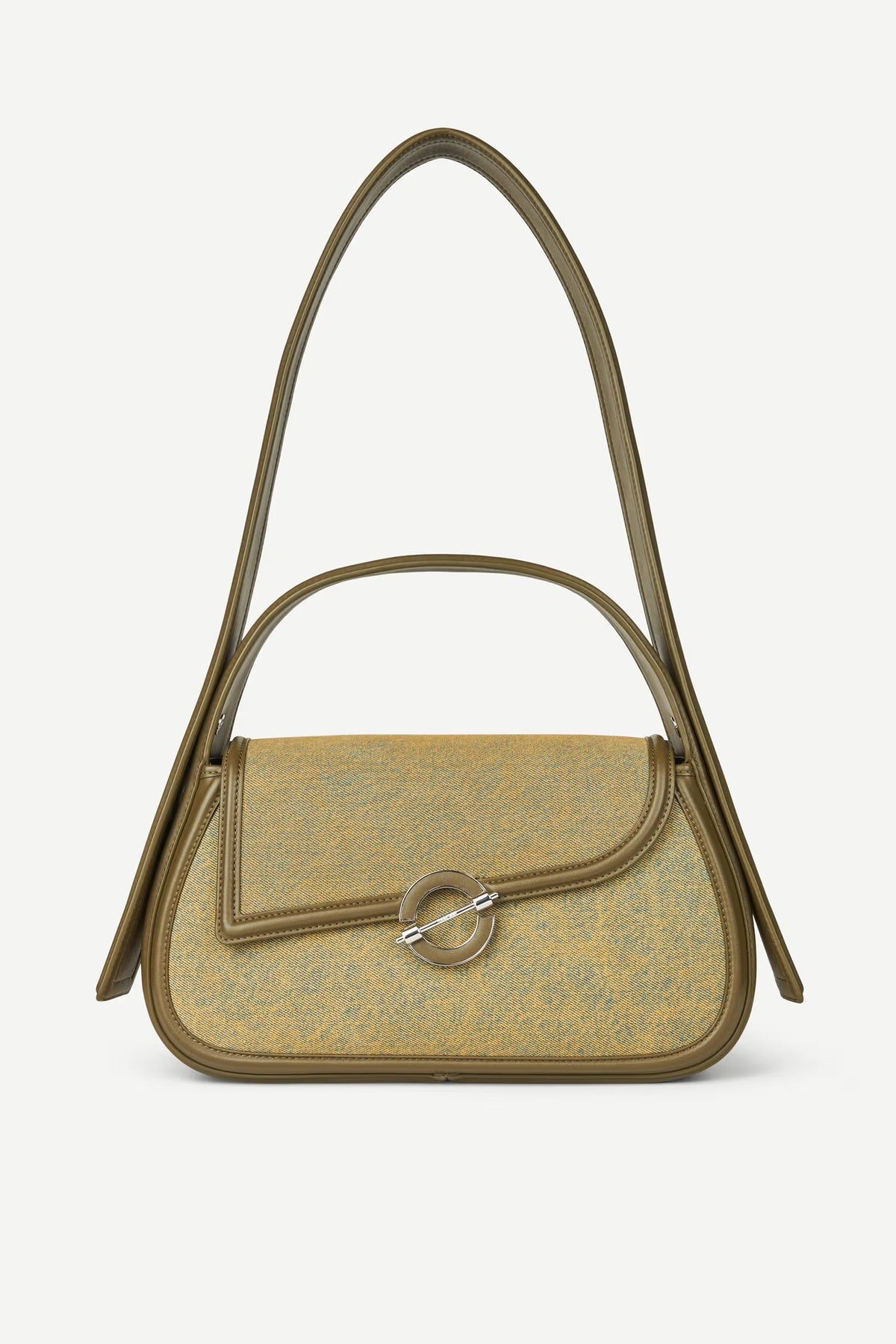 Green handbag with a decorative ring on a white background