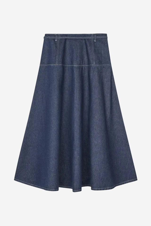 Blue denim skirt on a white background