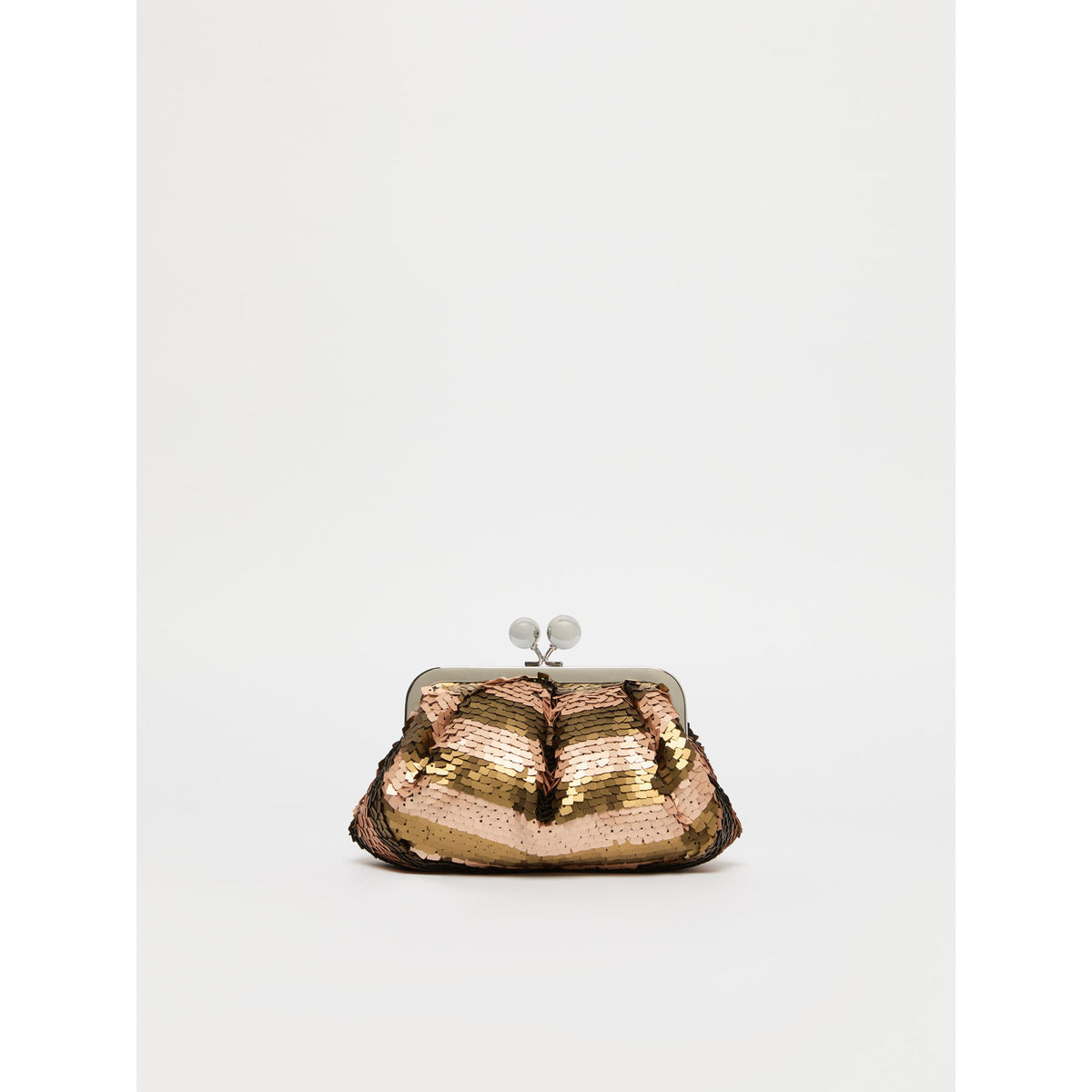 Gold metallic clutch bag on a white background