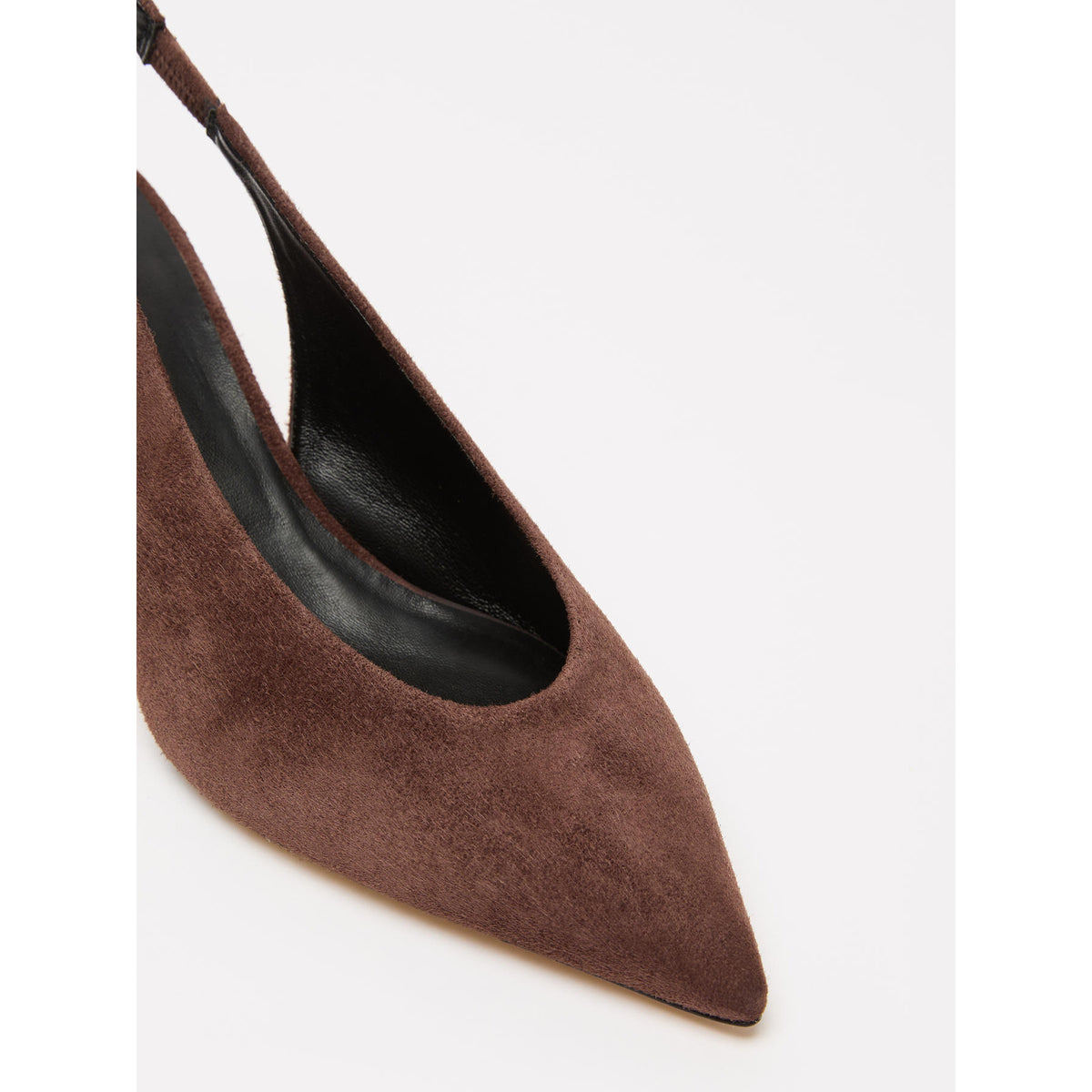 Brown suede high-heeled shoe on a white background