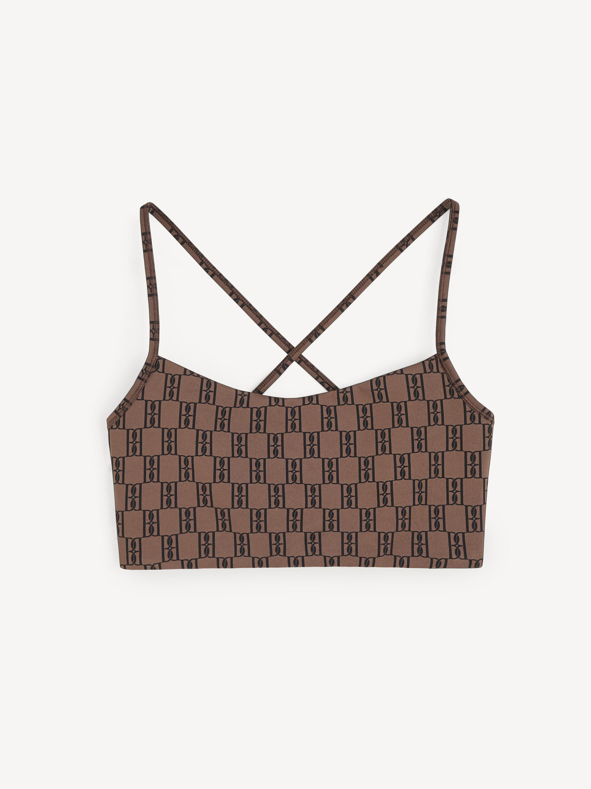 Brown patterned crop top with thin straps on a white background