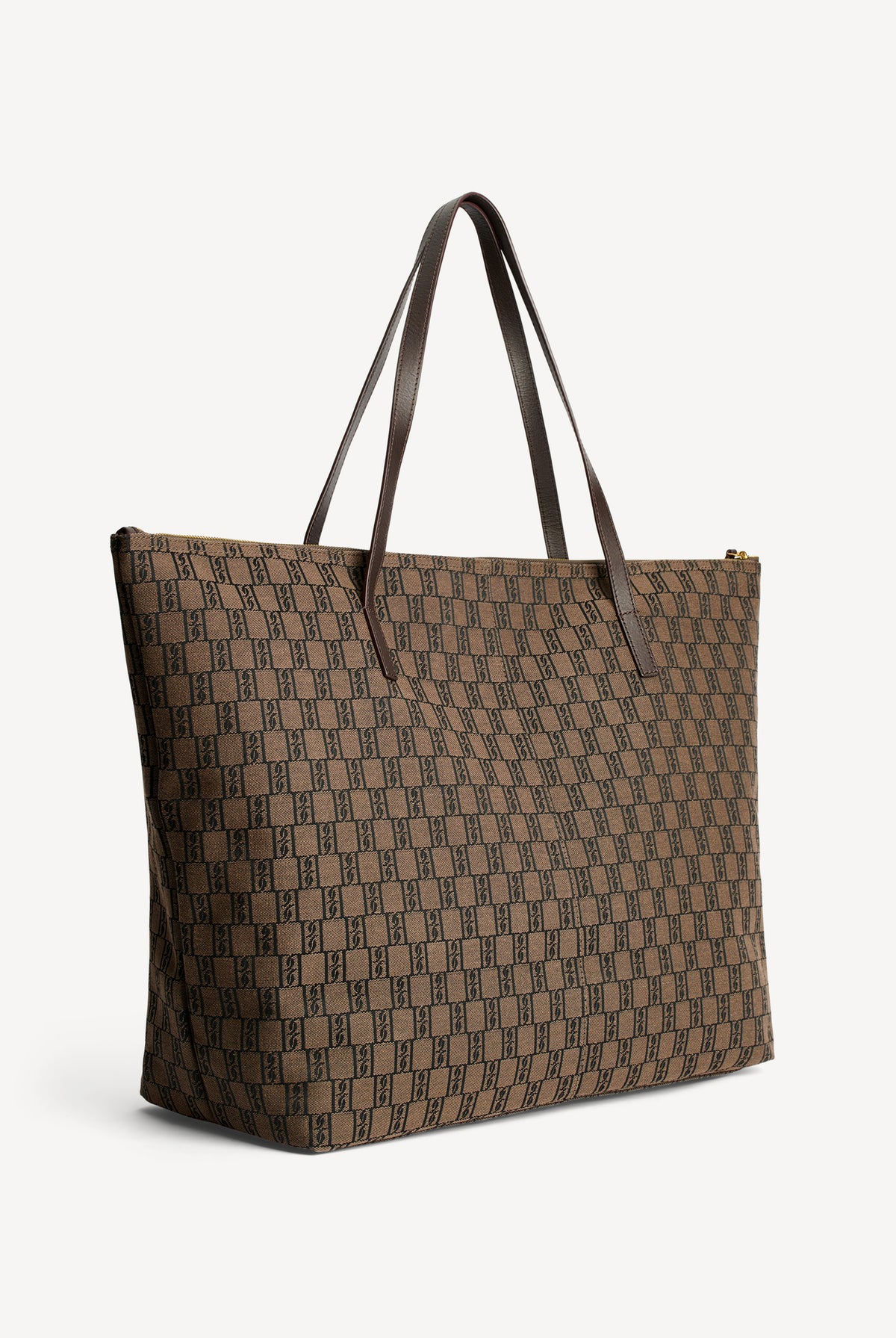 Brown patterned tote bag on a light gray background