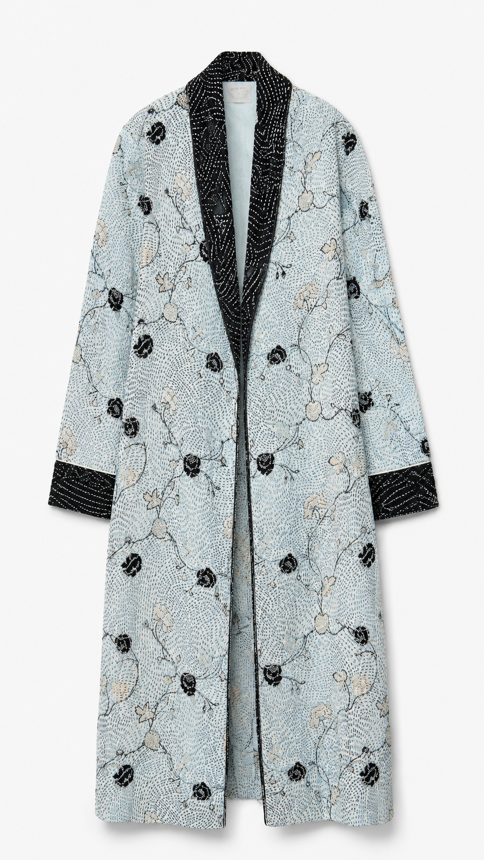 A light blue jacquard robe with black and beige floral embroidery, featuring a black patterned shawl collar, cuffs, and front closure, shown against a plain white background.