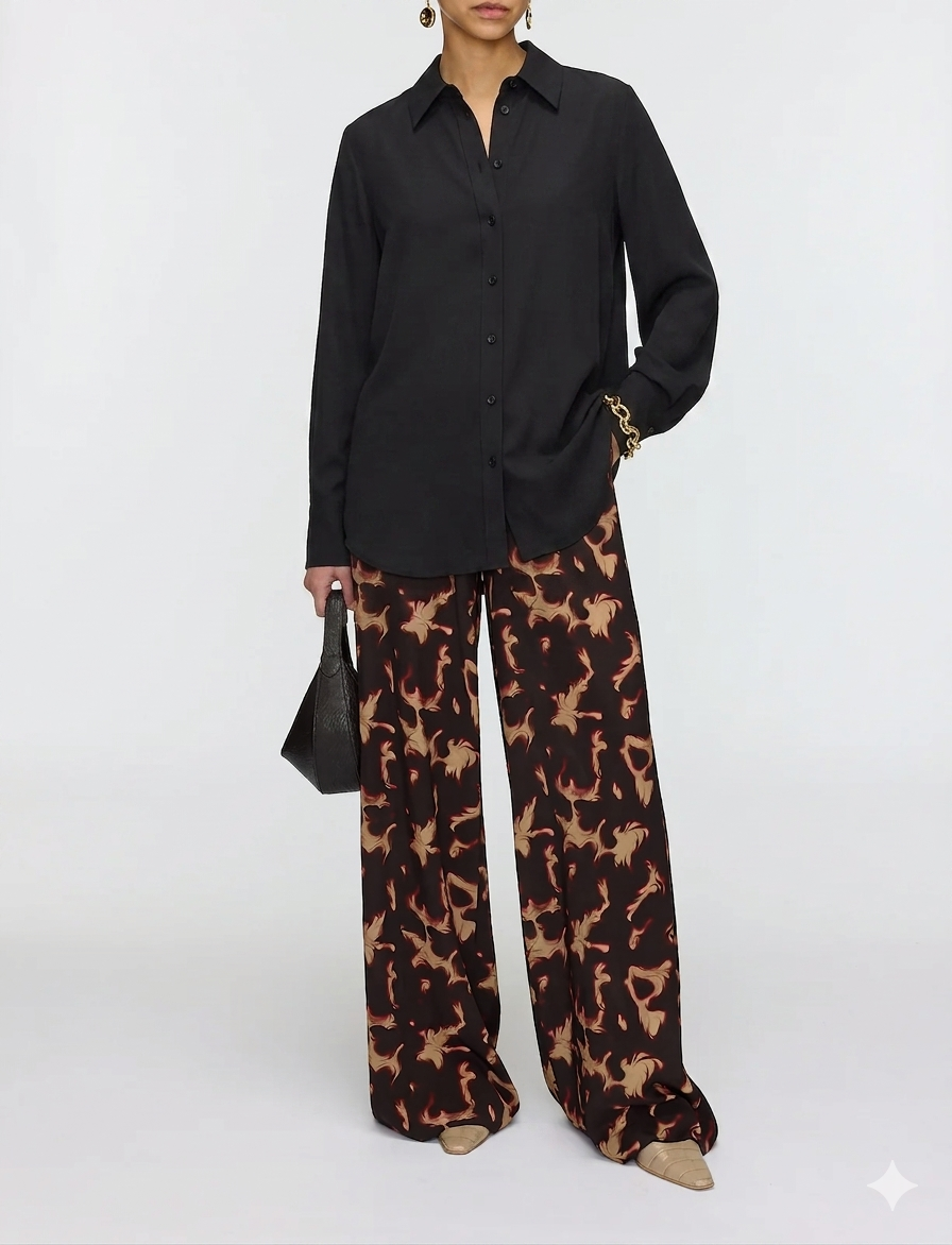 Person wearing a black shirt and patterned pants on a white background