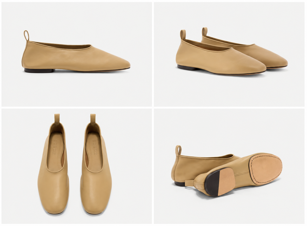 Four views of a pair of tan leather ballet flats with pointed toes and pull tabs, shown on a light gray background.