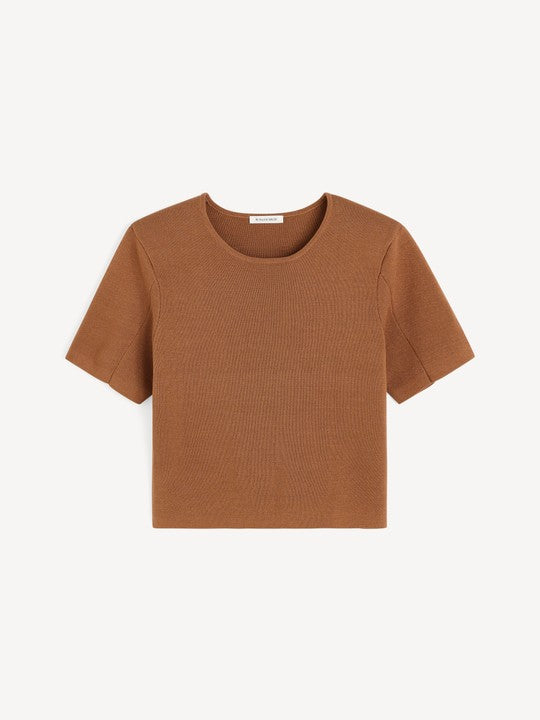 Brown ribbed t-shirt on a white background