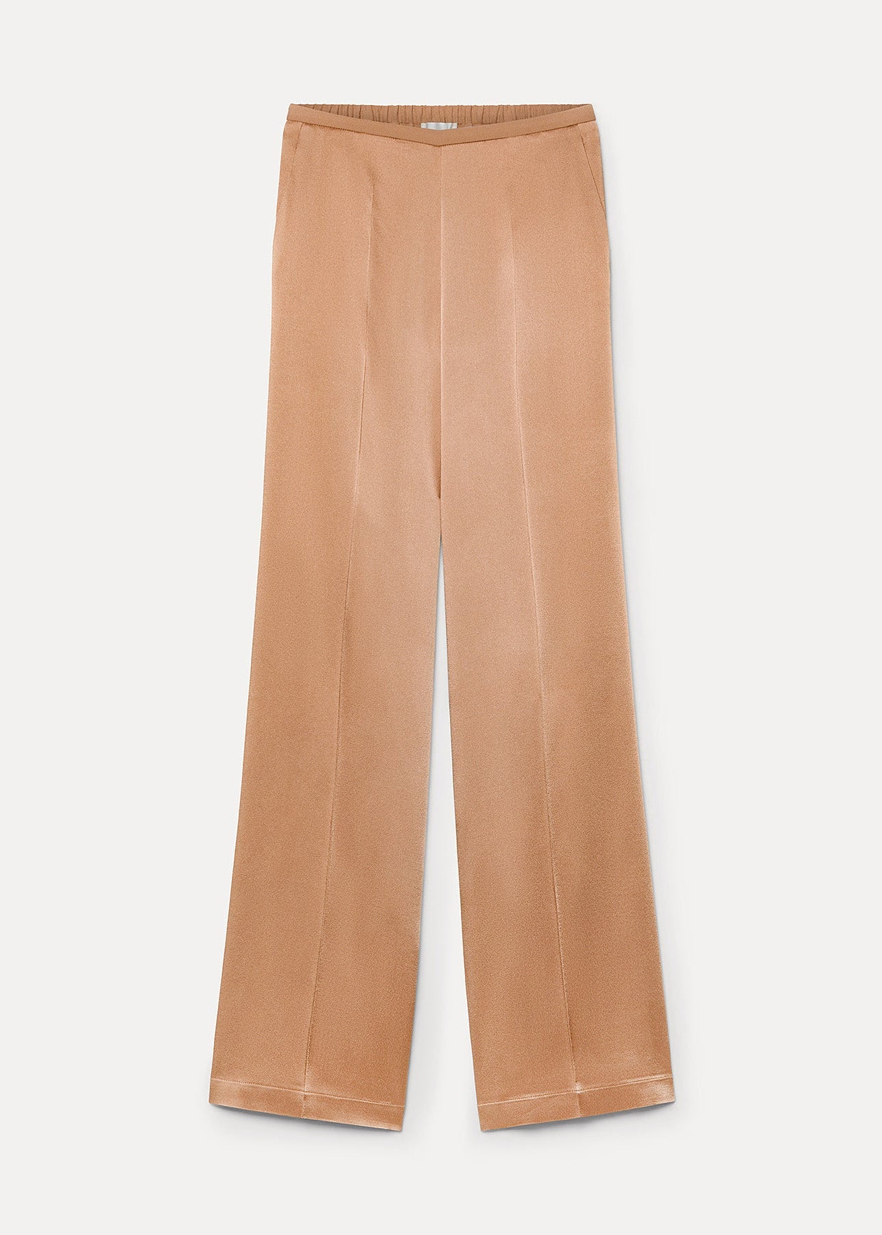 camel coloured satin trousers