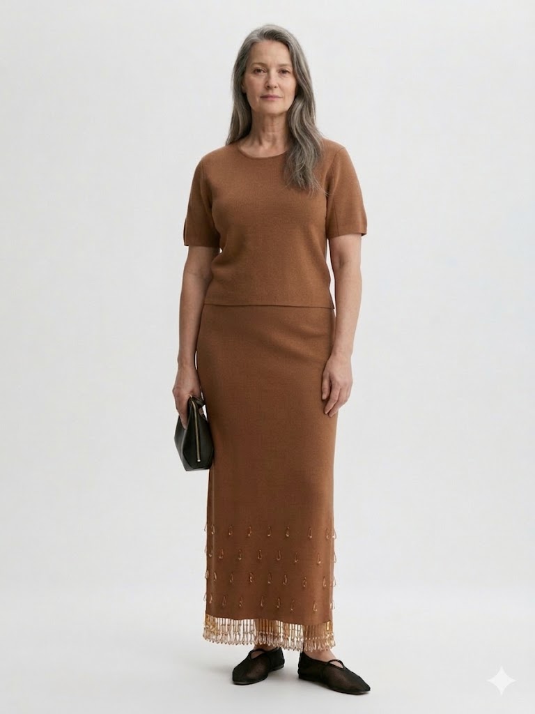 Woman wearing a brown dress with a textured skirt on a white background