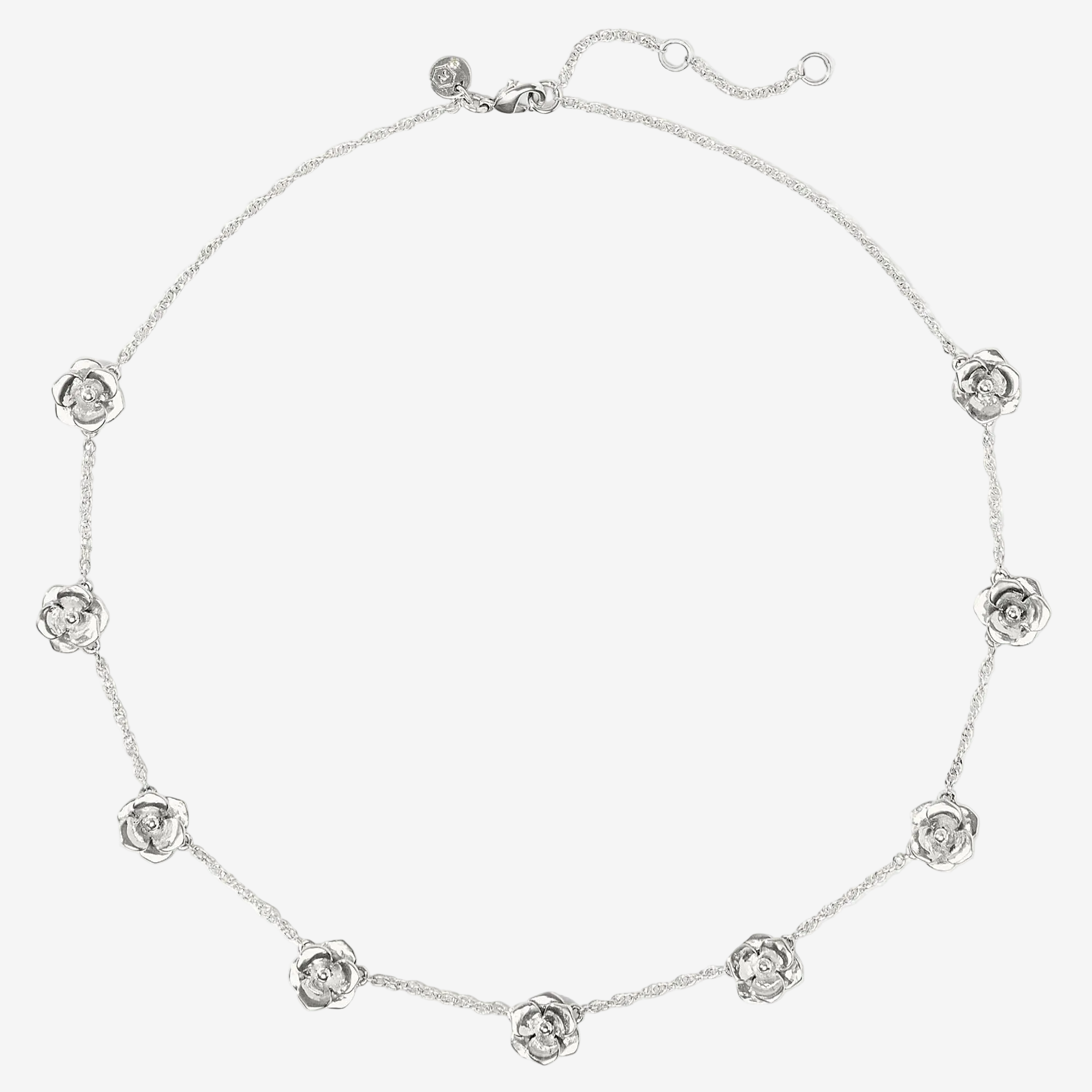 Silver necklace with floral designs on a white background