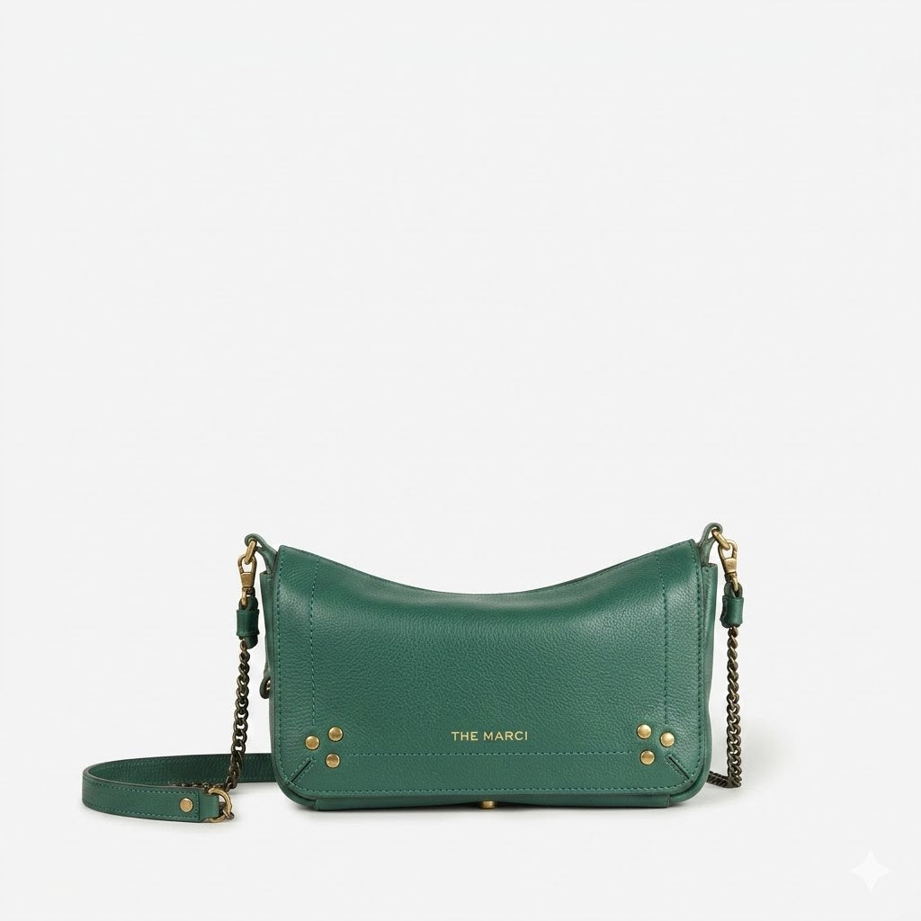 Green handbag with gold accents on a white background