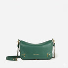 Green handbag with gold accents on a white background