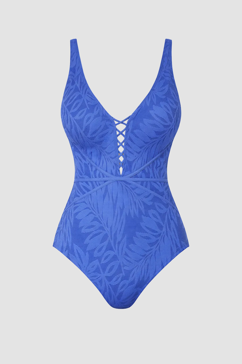 Blue leaf-patterned swimsuit on a white background