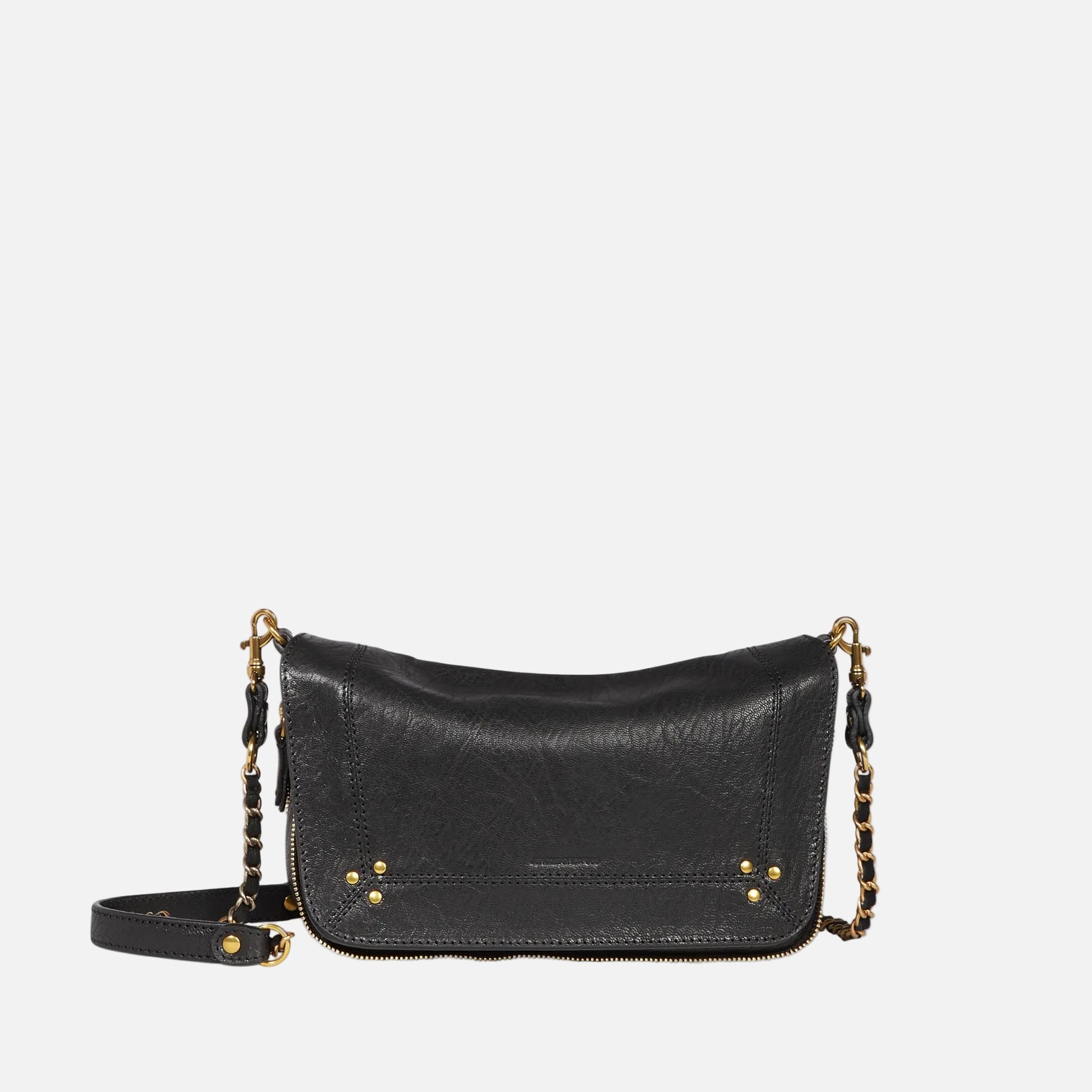 Black leather handbag with gold chain strap on a white background