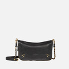 Black leather handbag with gold chain strap on a white background