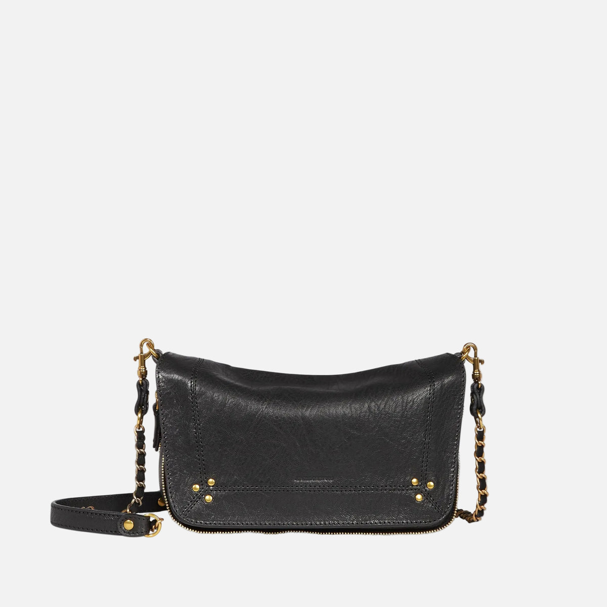 Black leather handbag with gold chain strap on a white background