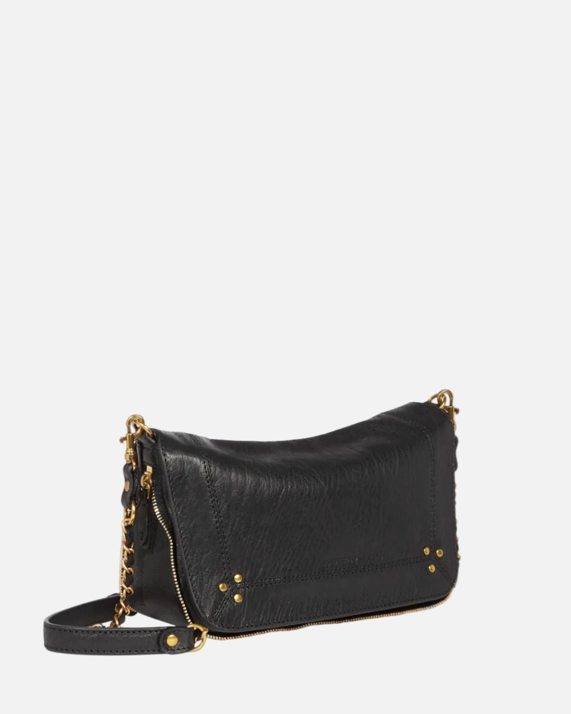 Black handbag with gold accents on a white background