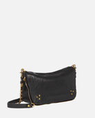 Black handbag with gold accents on a white background