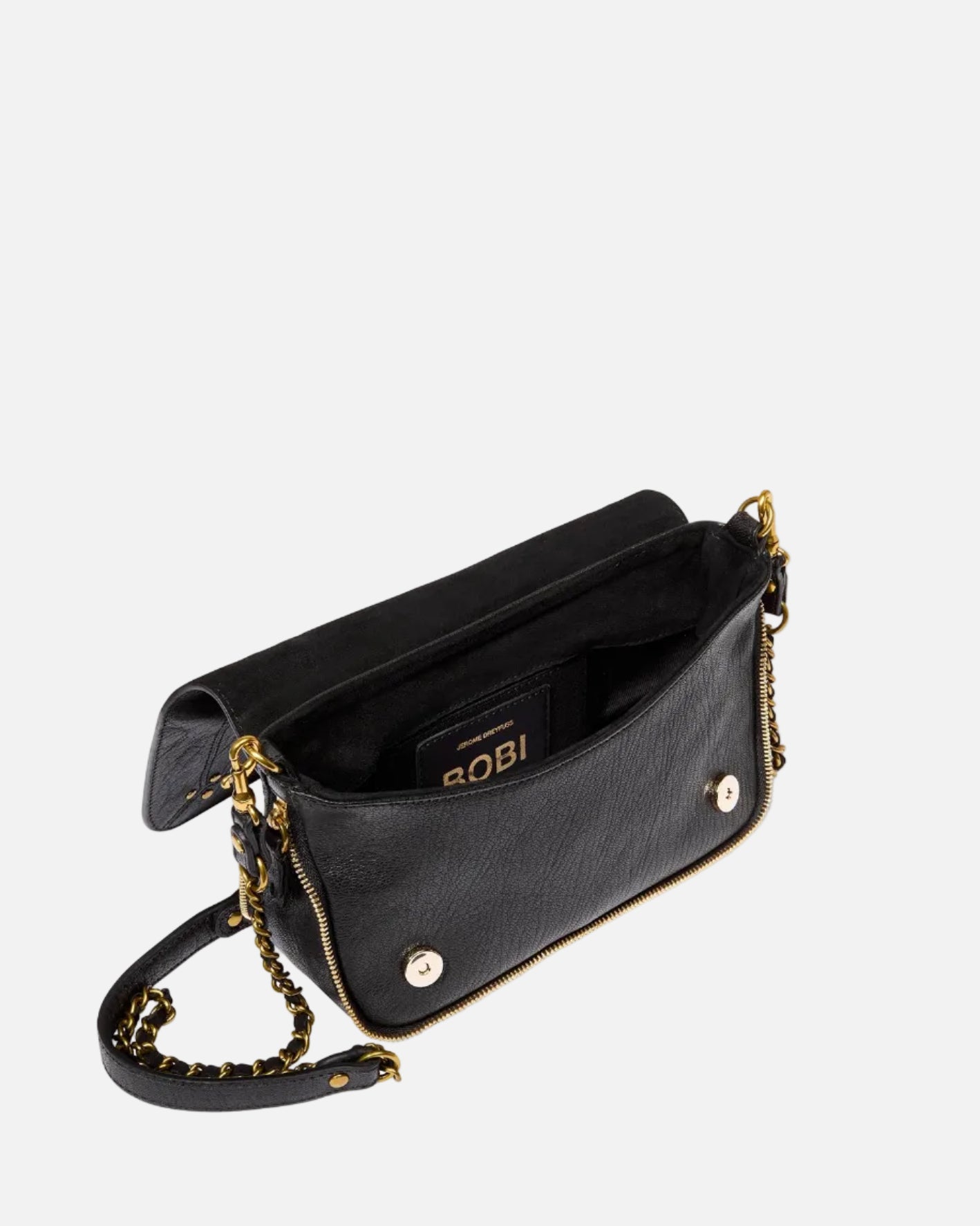 Black handbag with gold chain strap on a white background