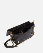 Black handbag with gold chain strap on a white background