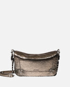 Metallic handbag with chain detail on a white background