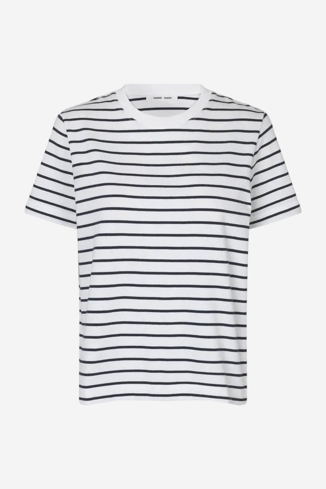 Black and white striped t-shirt on a white background