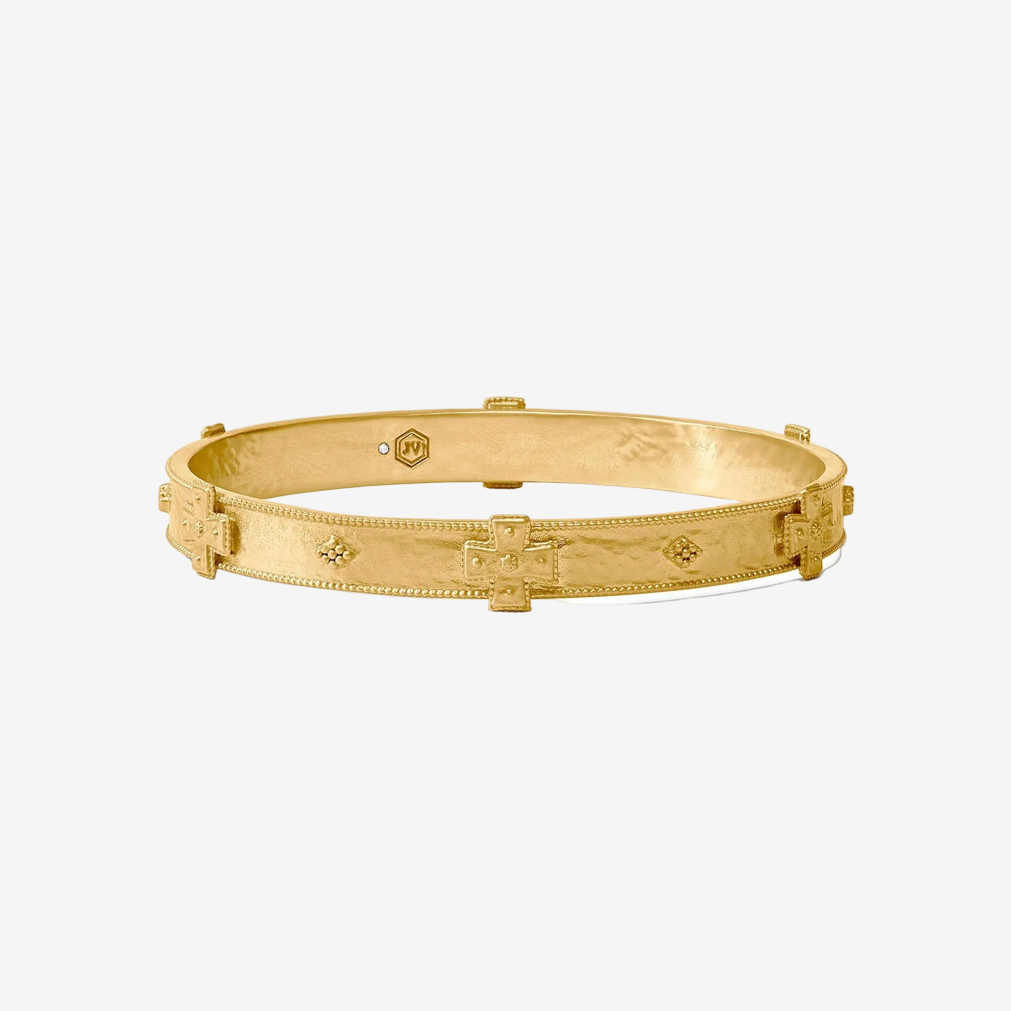 Gold bracelet with intricate design on a white background