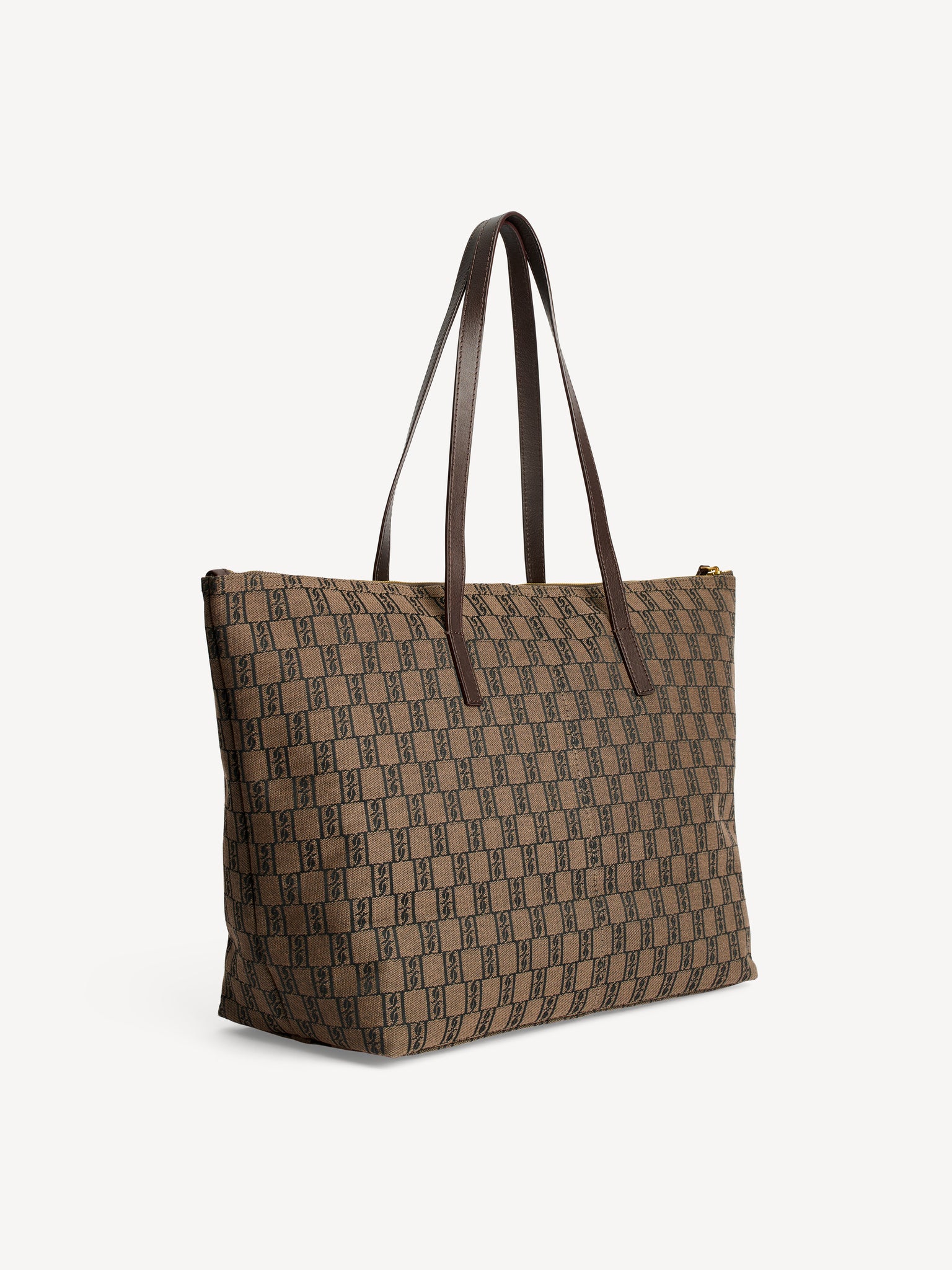 Brown checkered tote bag on a light gray background