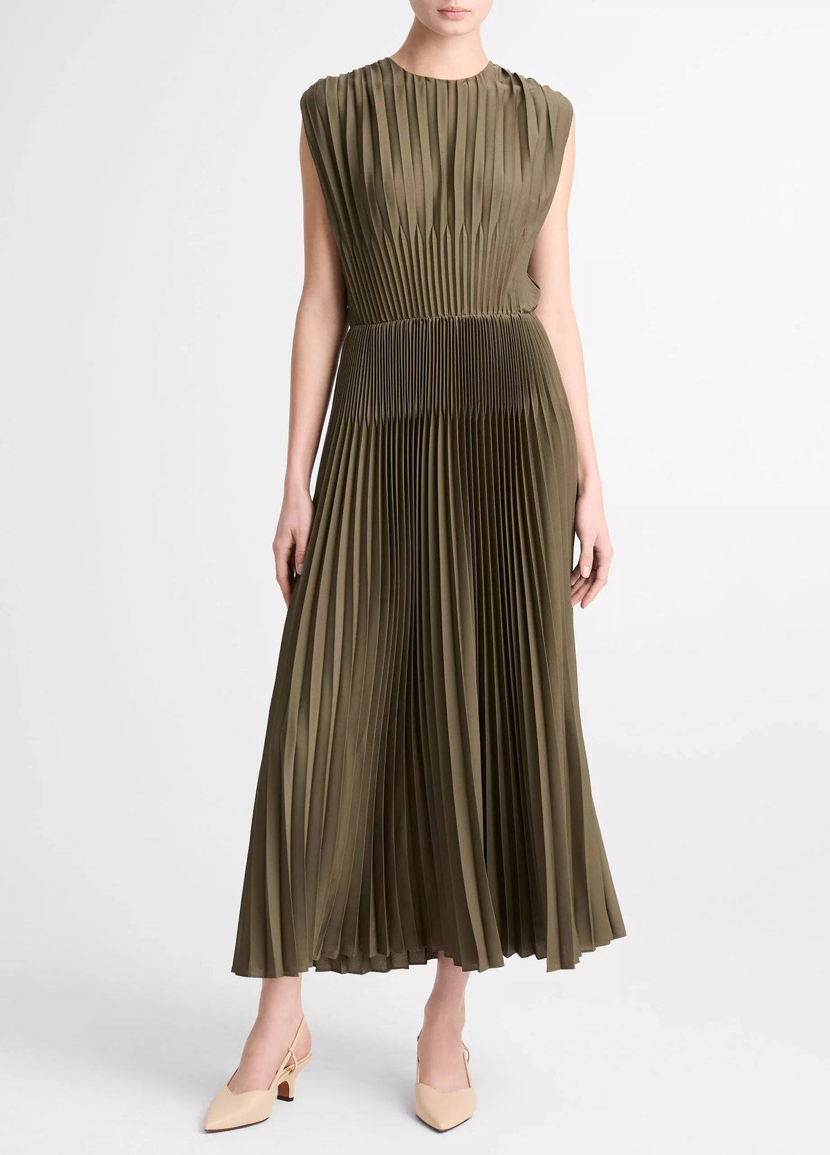 green pleated dress