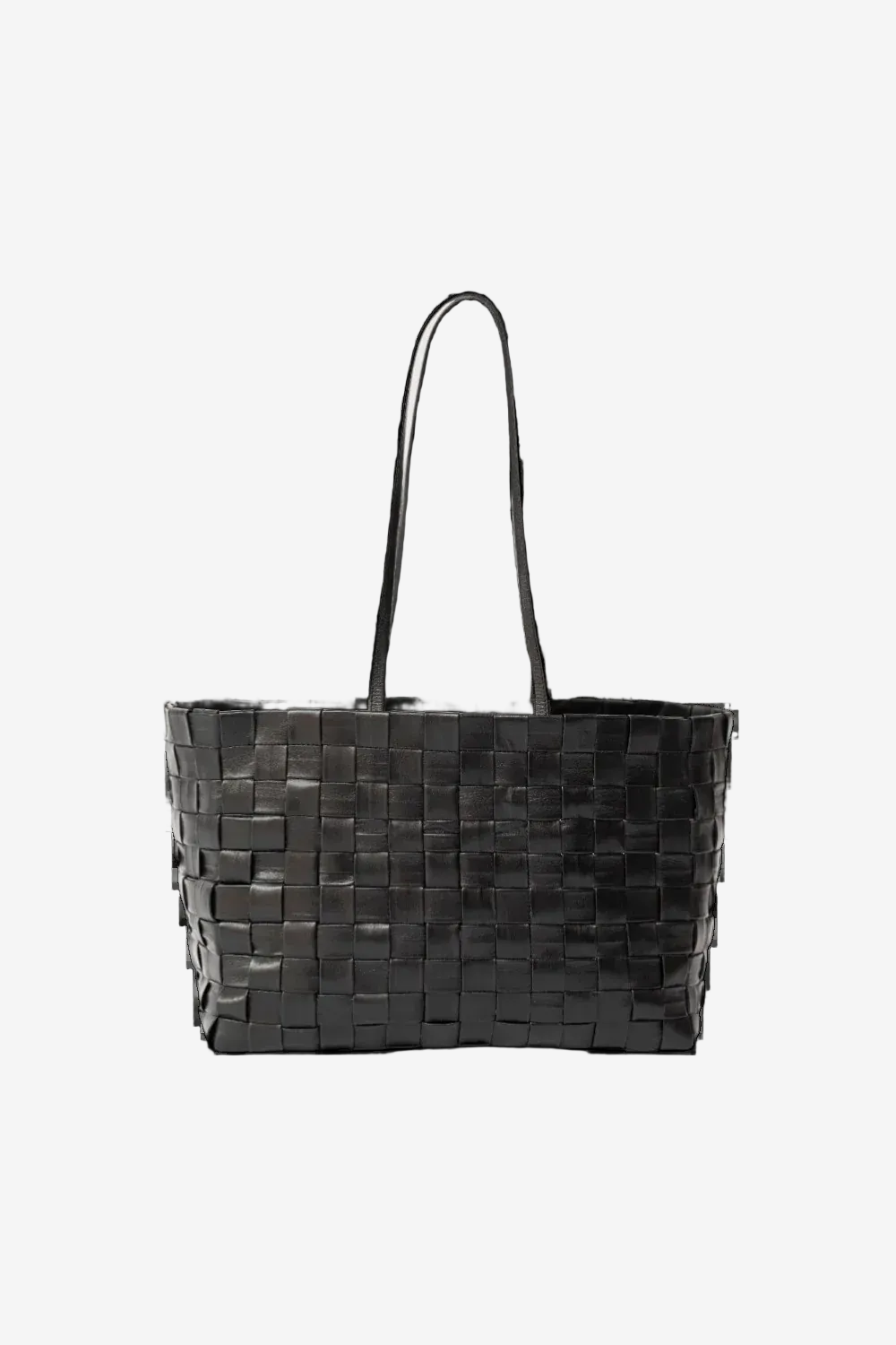 Black woven handbag on a white background