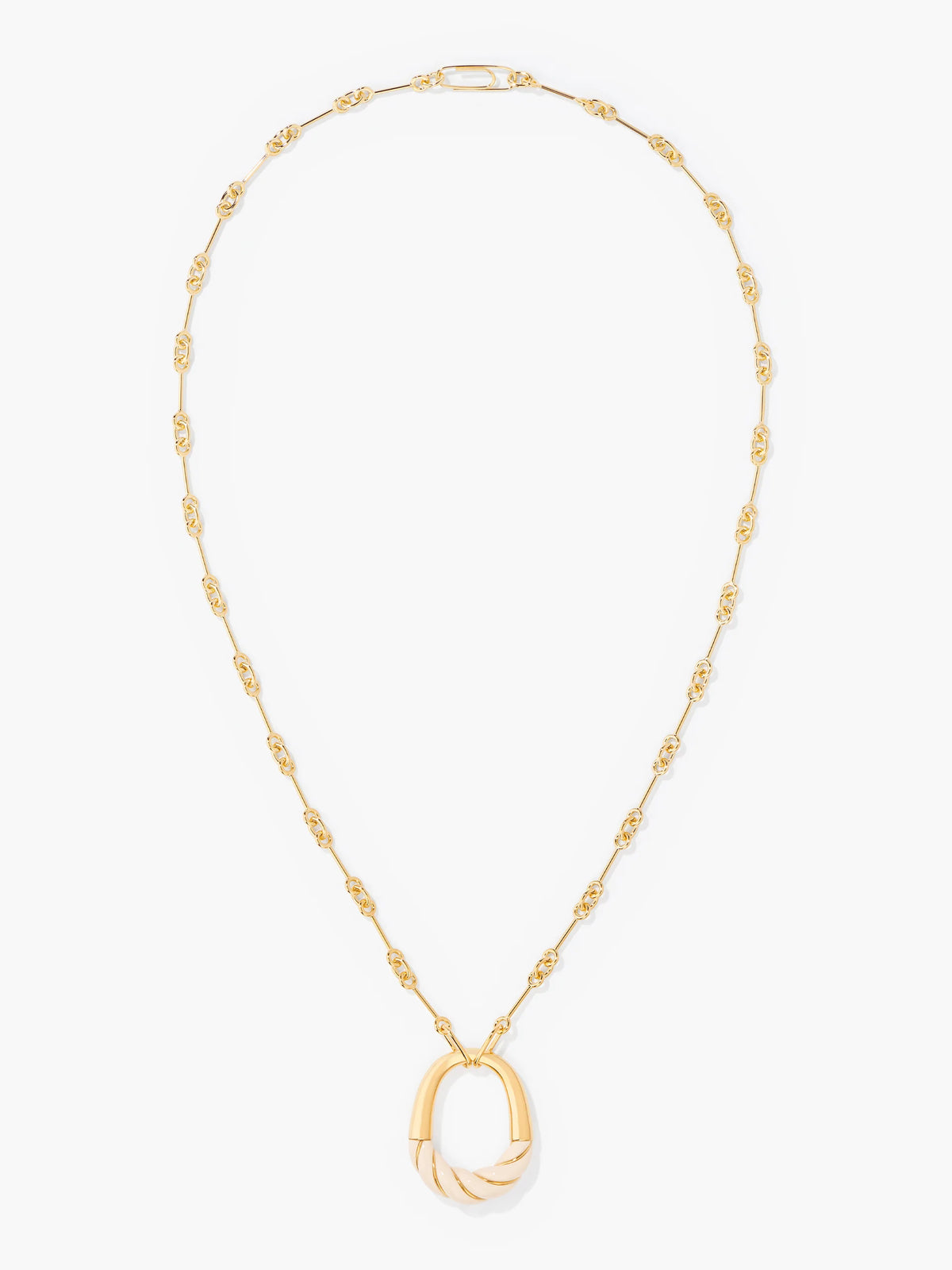 Gold necklace with a unique pendant on a white background