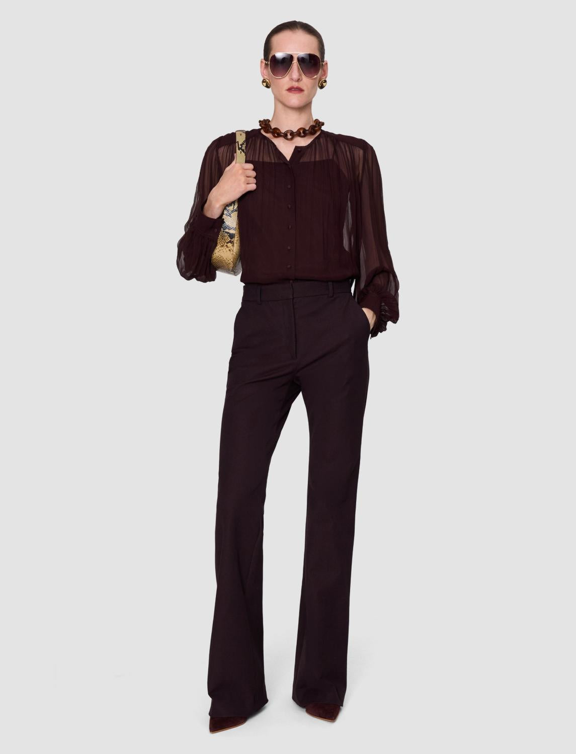 A model wearing a dark brown sheer long-sleeve blouse with a structured bodice and matching dark brown wide-leg trousers, styled with sunglasses, a chunky brown necklace, and a gold shoulder bag against a light gray background.