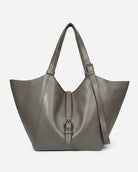 Gray handbag with a buckle detail on a white background