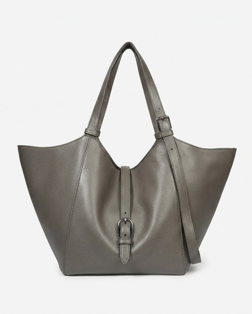 Gray handbag with a buckle detail on a white background