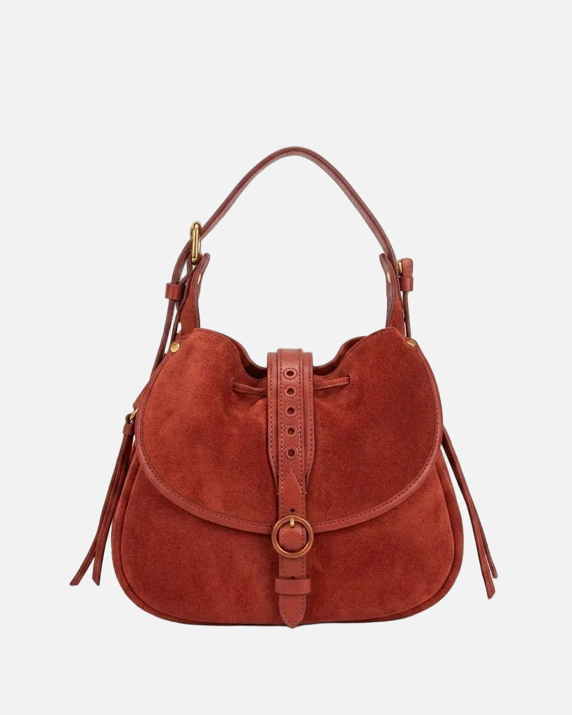 Brown suede handbag with gold accents on a white background
