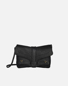 Black handbag with braided detail on a white background