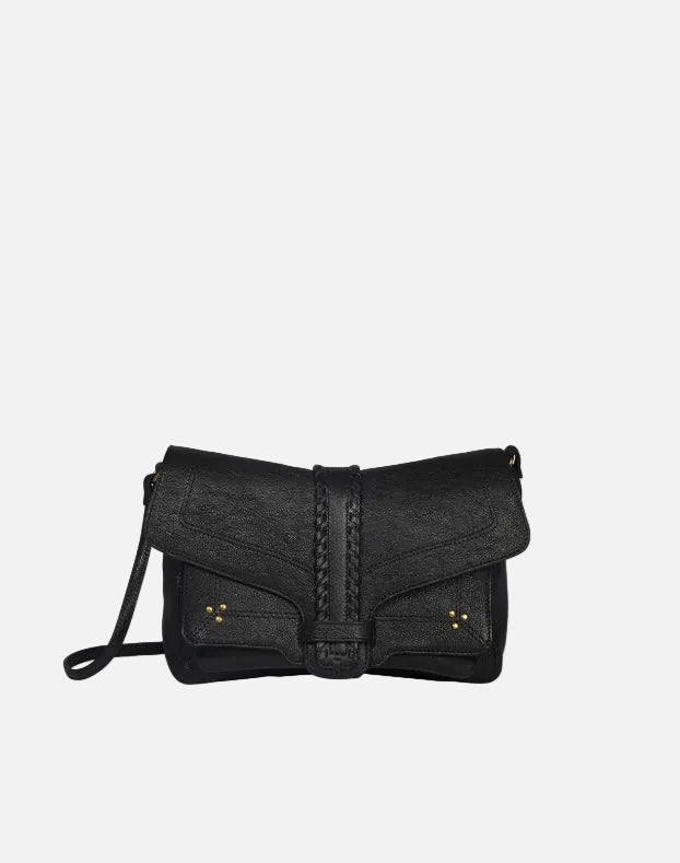 Black handbag with braided detail on a white background