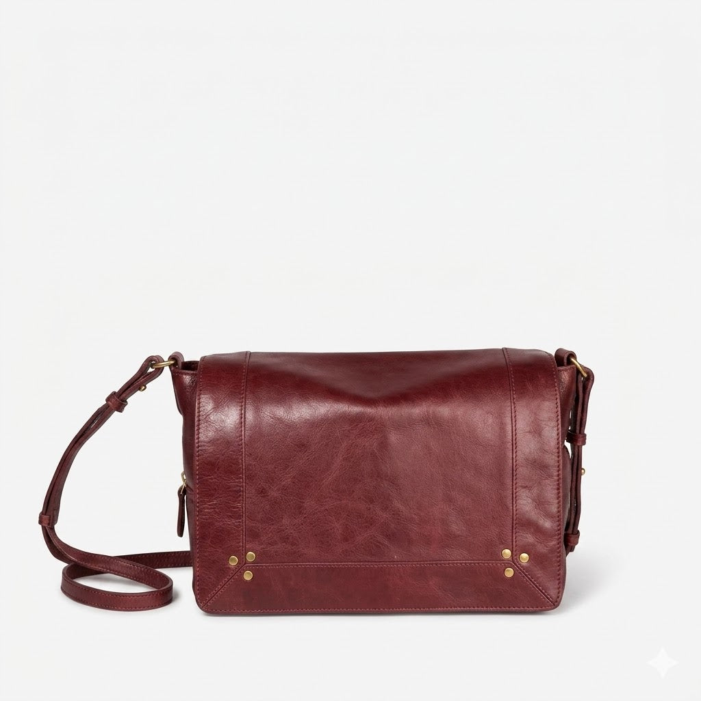 Red leather handbag with gold accents on a white background