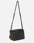 Black handbag with a strap on a white background