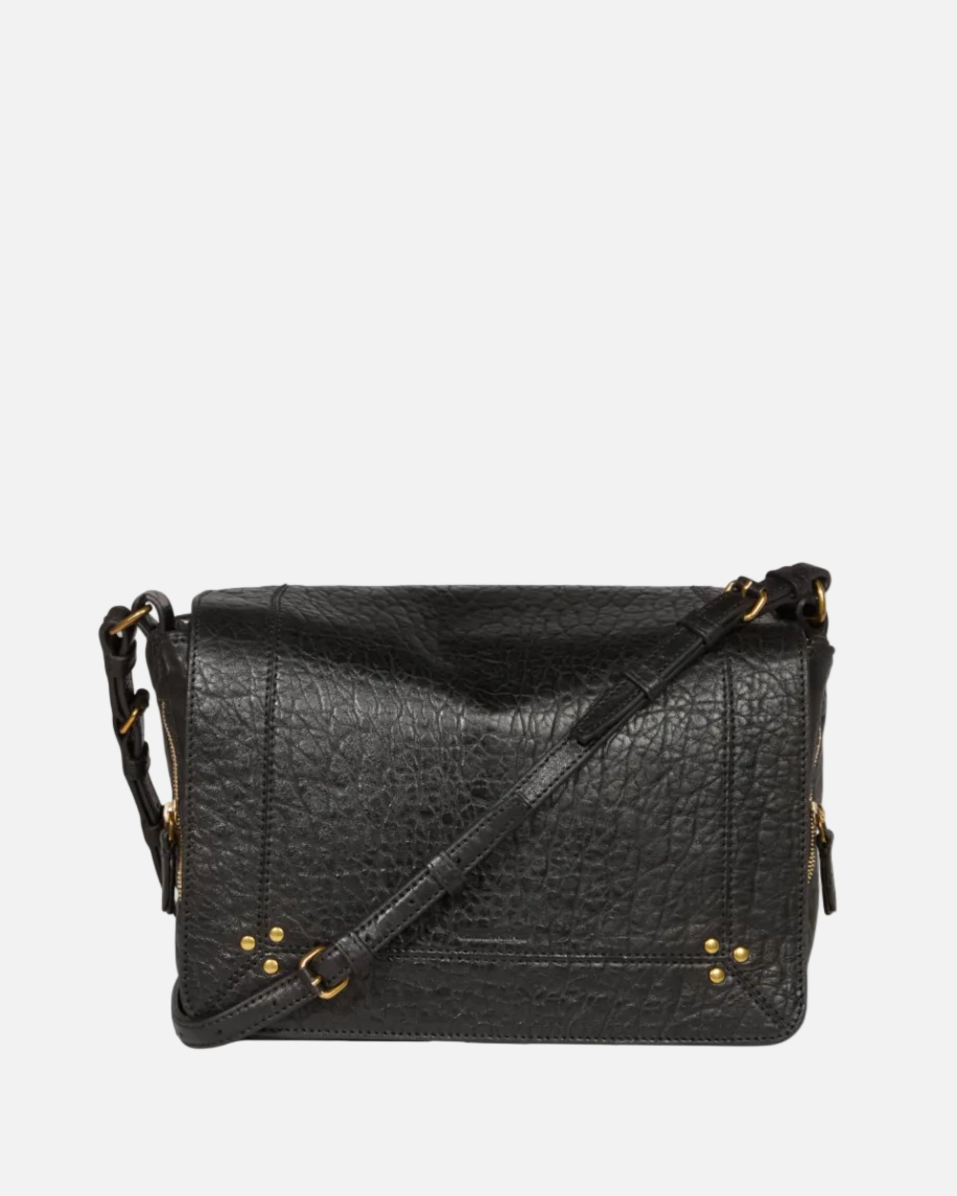 Black leather handbag with gold hardware on a white background