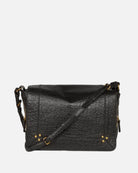 Black leather handbag with gold hardware on a white background