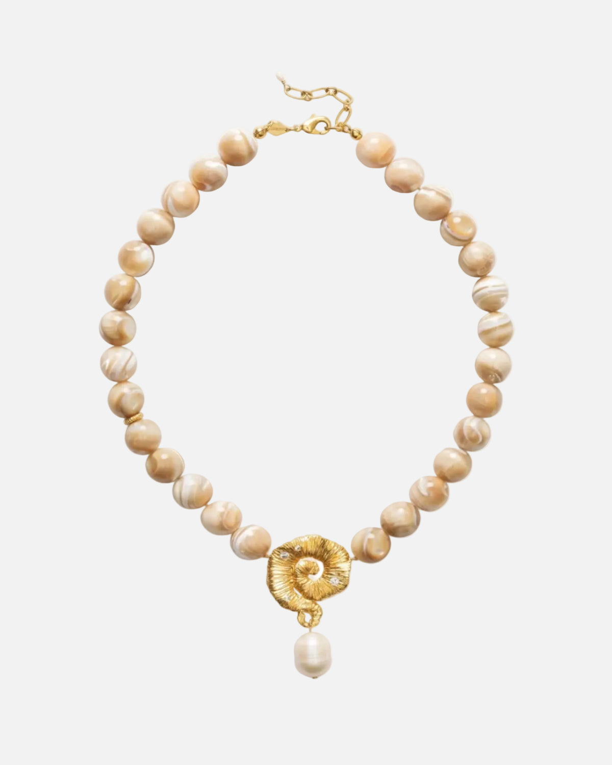 Pearl necklace with a gold clasp on a white background