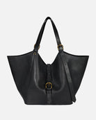 Black leather handbag with braided detail on a white background