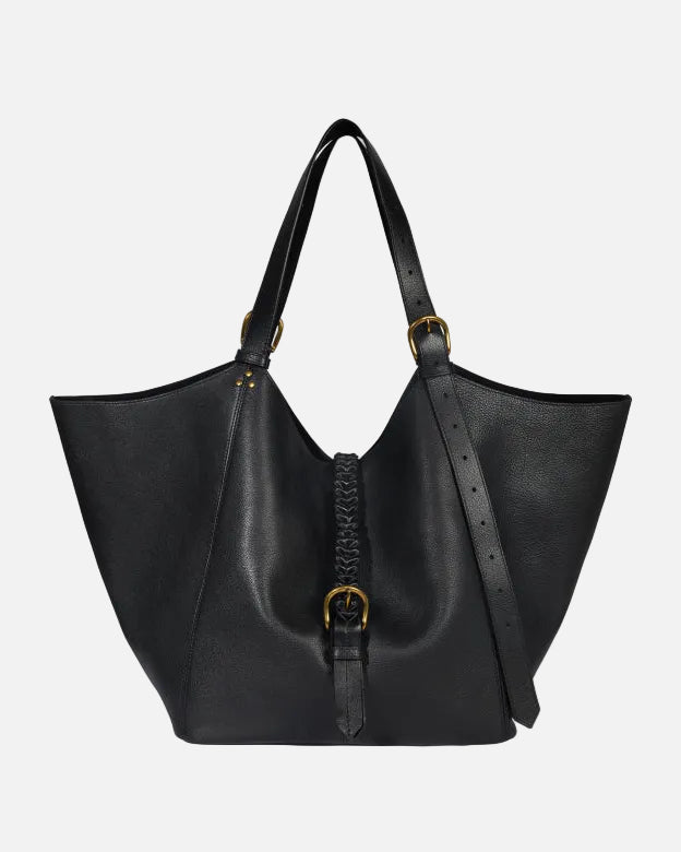 Black leather handbag with braided detail on a white background